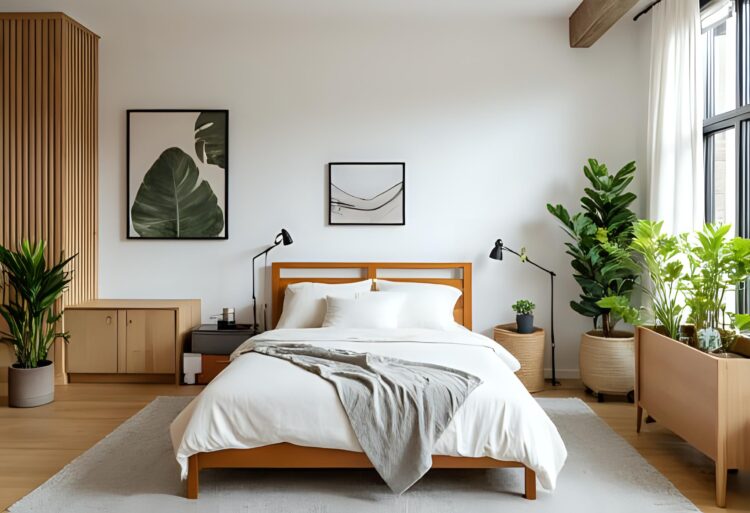 A tranquil bedroom with lush indoor plants, wooden textures, and natural textiles, creating a calming biophilic space.