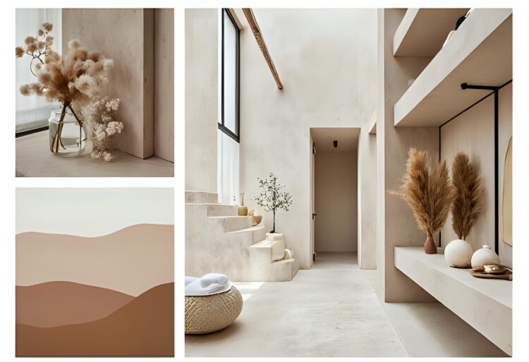 Collage of wellness interior elements: soft textures, natural materials, and soothing colors, highlighting the concept of designing wellness interiors for modern homes.