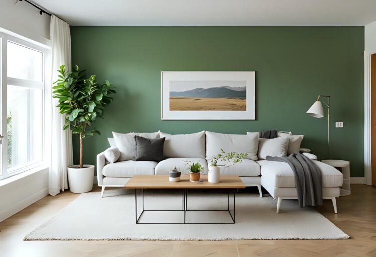 A serene living room with a soft green accent wall, beige sofa, and natural textures promoting tranquility.
