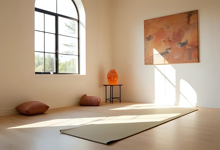 An open-plan living room with cozy yoga mat corner, and natural light flooding in through large windows